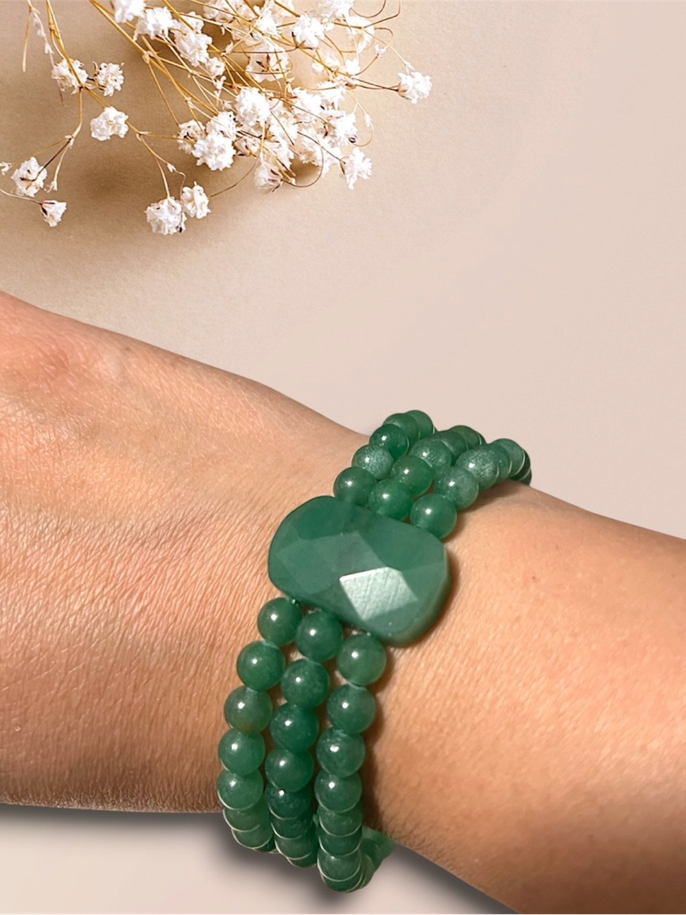 Green Aventurine Triple-Row Beaded Bracelet with Faceted Stone Center